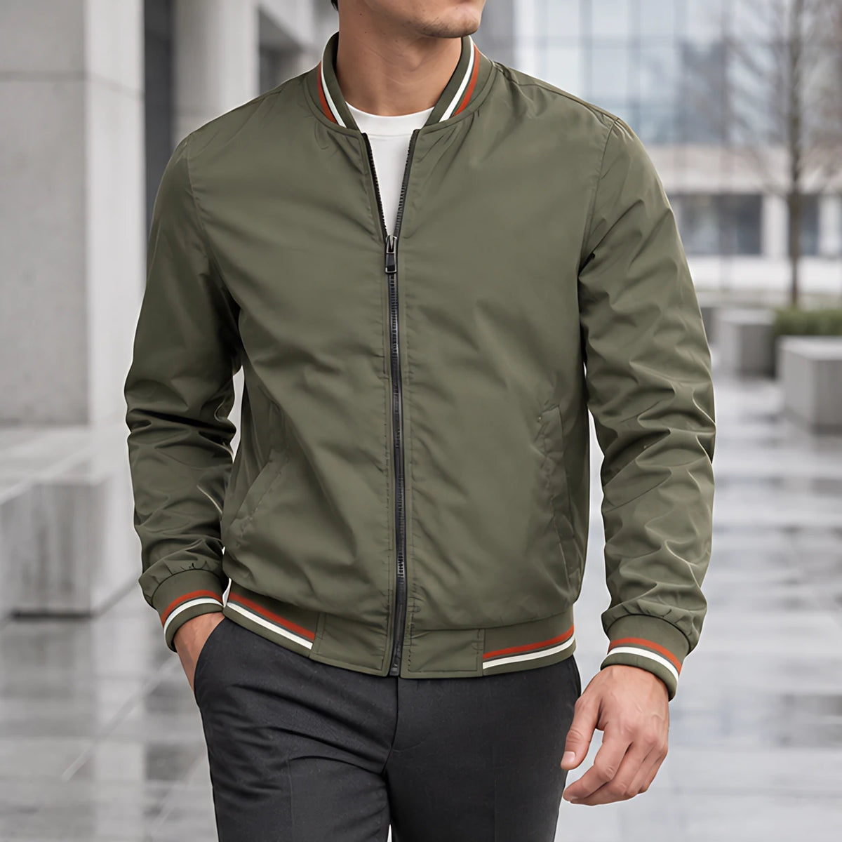 Raphael Men's Striped-Trim Bomber Jacket - Olive - Men's Clothing > Outerwear > Bomber Jackets - Michael Verde - Image 2