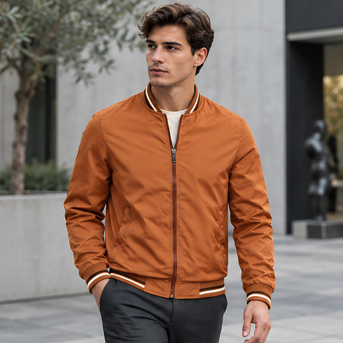 Raphael Men's Striped-Trim Bomber Jacket - Burnt Orange - Men's Clothing > Outerwear > Bomber Jackets - Michael Verde - Image 2