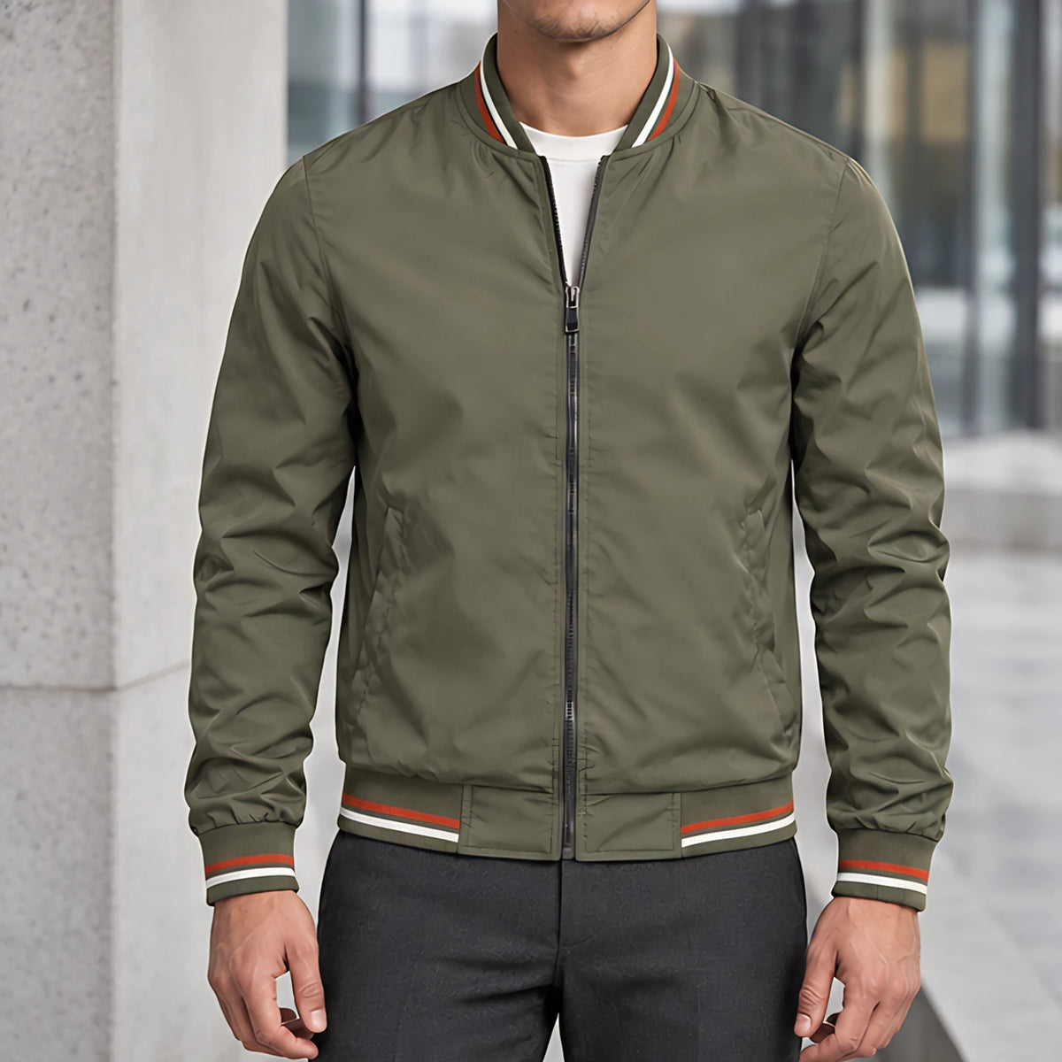 Raphael Men's Striped-Trim Bomber Jacket - Olive - Men's Clothing > Outerwear > Bomber Jackets - Michael Verde - Image 1