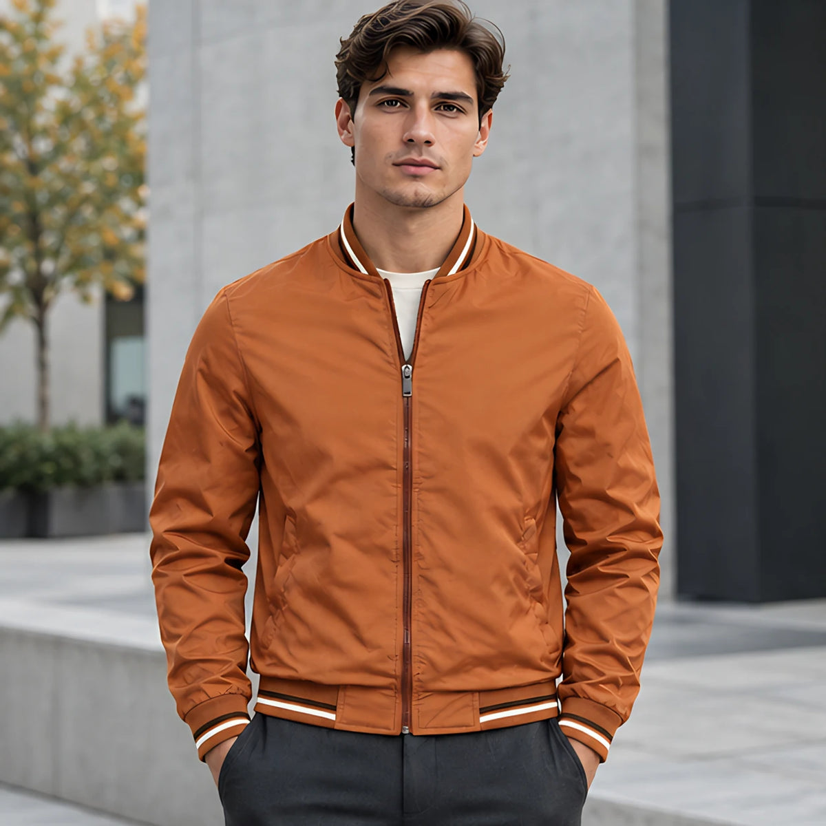 Raphael Men's Striped-Trim Bomber Jacket - Burnt Orange - Men's Clothing > Outerwear > Bomber Jackets - Michael Verde - Image 1