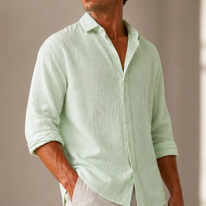 Tobin Linen Long Sleeve Collared Shirt - Light Green - Men's Clothing > Shirts > Button-Front Shirts - Michael Verde - Image 1