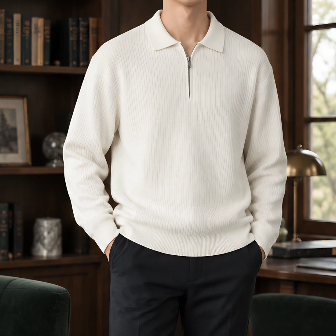 Treviso Men's Rib Knit Half-Zip Sweater - Ivory - Men's Clothing > Sweaters & Cardigans > Half-Zip Polo Sweaters - Michael Verde - Image 1