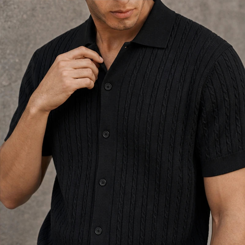 VanHolden Cable Knit Polo Shirt - Black - mens polo shirt - Michael Verde - Image 2