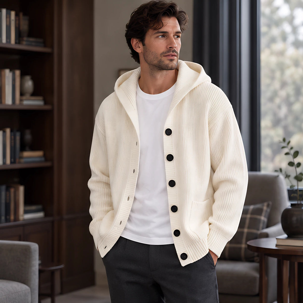 Westbourne Men's Ribbed Hooded Cardigan - Ivory - Men's Clothing > Knitwear > Hooded Cardigans - Michael Verde - Image 1