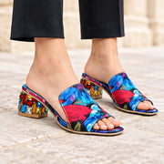 Zorielle Women's Leather Slide Sandals with Rhinestone Block Heel - Floral - Shoes - Michael Verde - Image 2