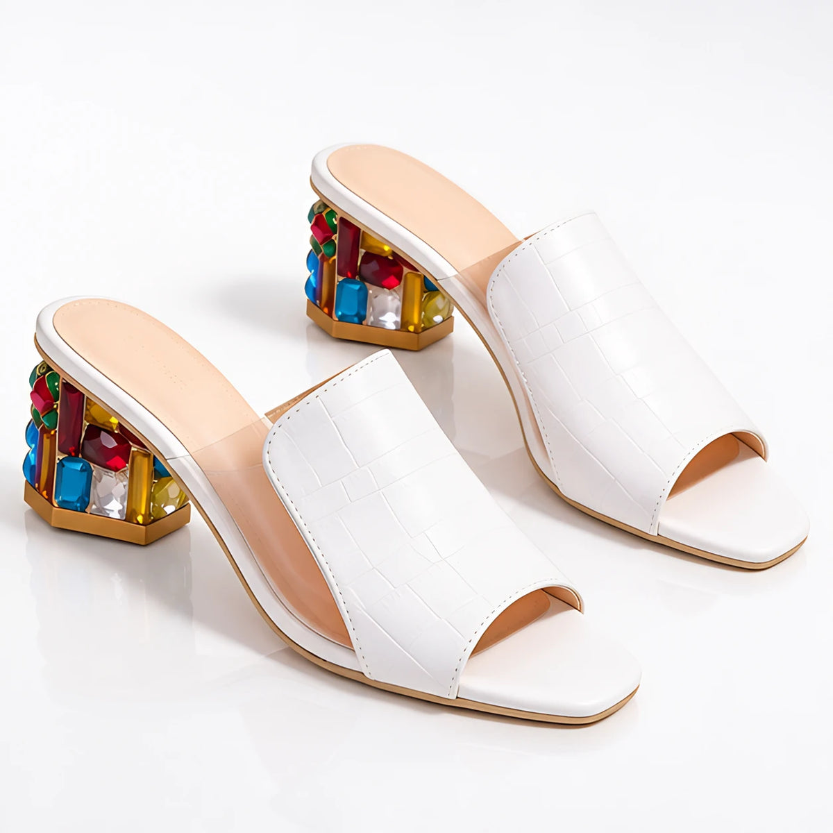 Zorielle Women's Leather Slide Sandals with Rhinestone Block Heel - White - Shoes - Michael Verde - Image 2