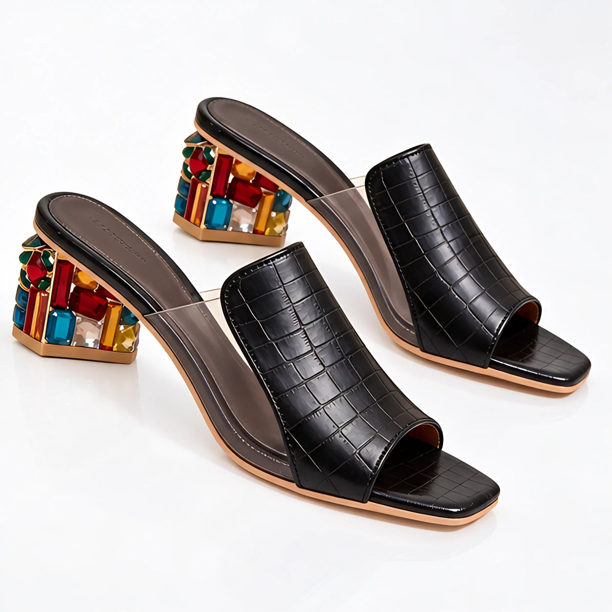 Zorielle Women's Leather Slide Sandals with Rhinestone Block Heel - Black - Women's Footwear > Sandals > Heeled Slide Sandals - Michael Verde - Image 1