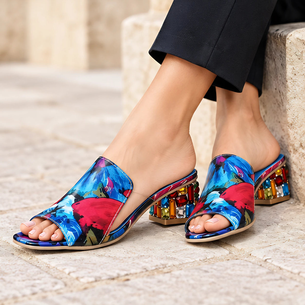 Zorielle Women's Leather Slide Sandals with Rhinestone Block Heel - Floral - Women's Footwear > Sandals > Heeled Slide Sandals - Michael Verde - Image 3