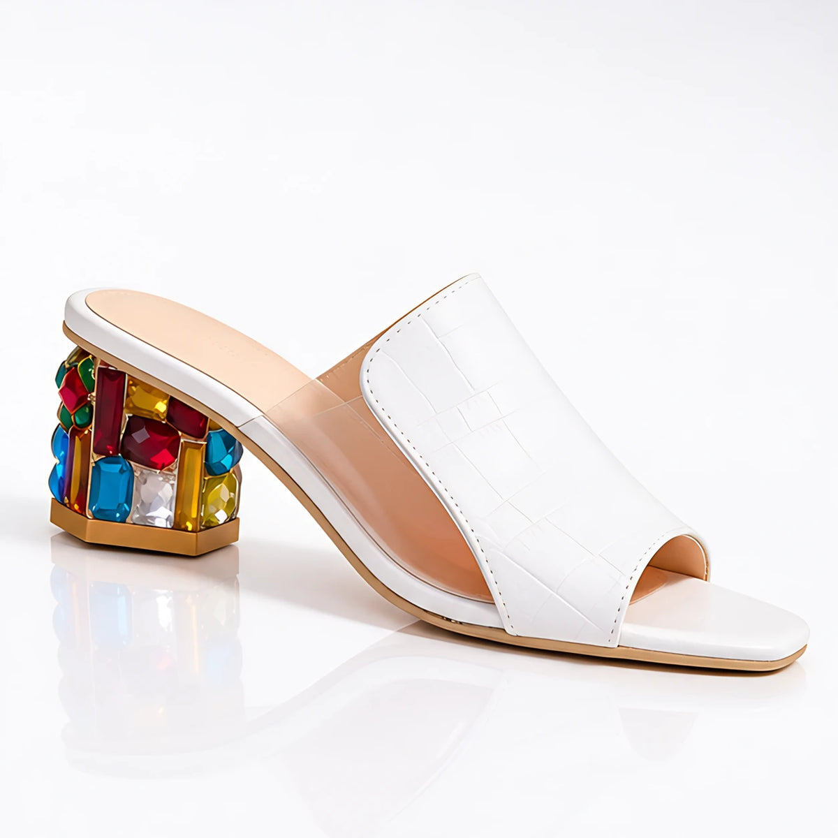 Zorielle Women's Leather Slide Sandals with Rhinestone Block Heel - White - Women's Footwear > Sandals > Heeled Slide Sandals - Michael Verde - Image 1