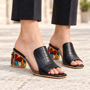 Zorielle Women's Leather Slide Sandals with Rhinestone Block Heel - Black - Shoes - Michael Verde - Image 2