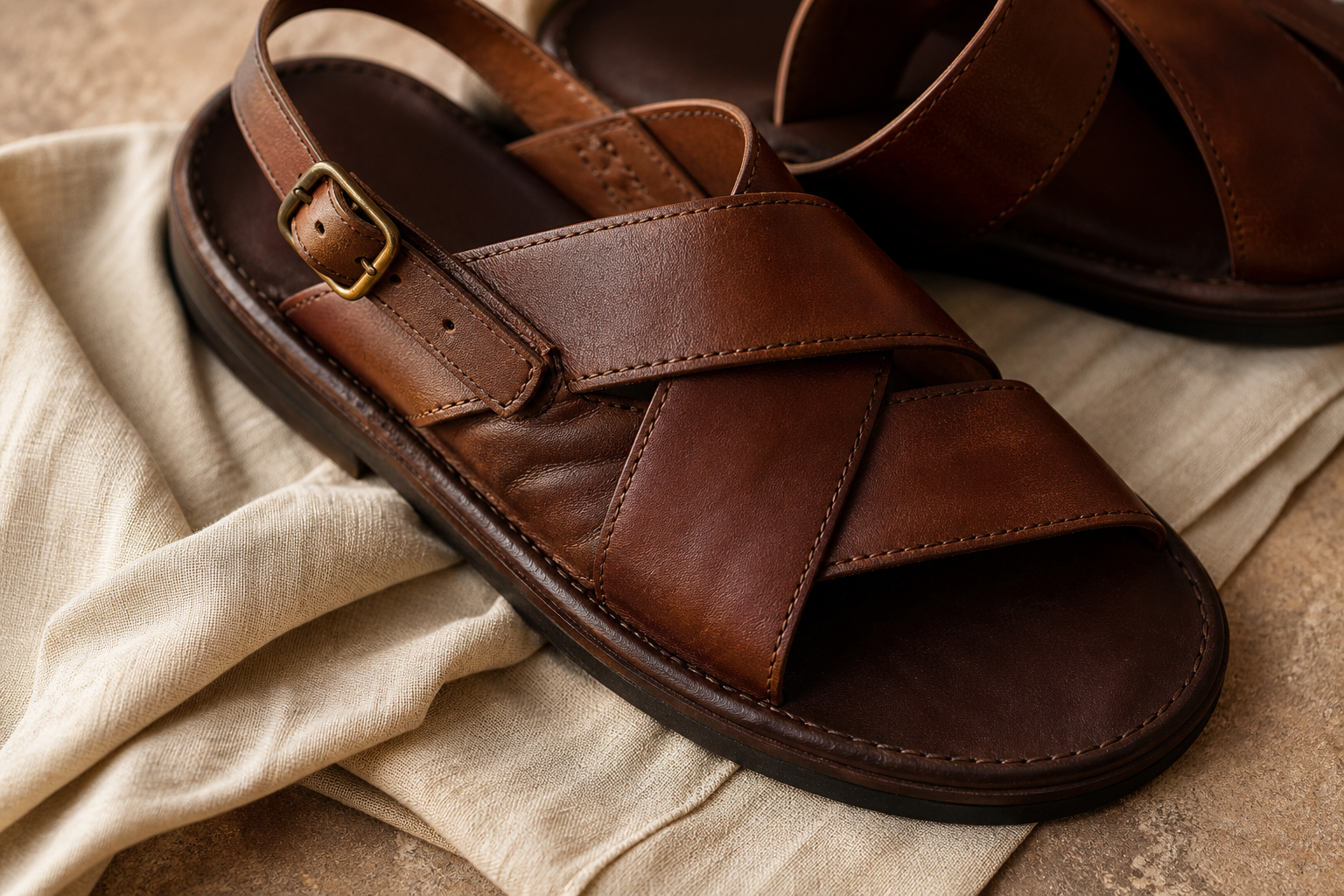 Close-up detail of leather, stitching, and warm natural texture