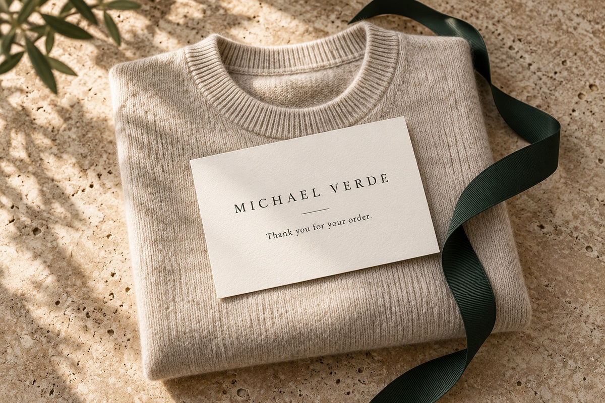 Michael Verde thank-you card resting on a folded cashmere jumper