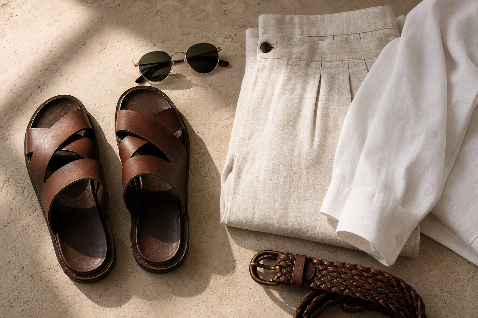 A calm wardrobe scene with understated leather essentials